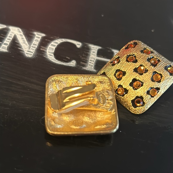 Vtg CRAFT  Brushed Finish Square Earrings Amber Colored Stones Clip-On Earrings - Picture 3 of 6